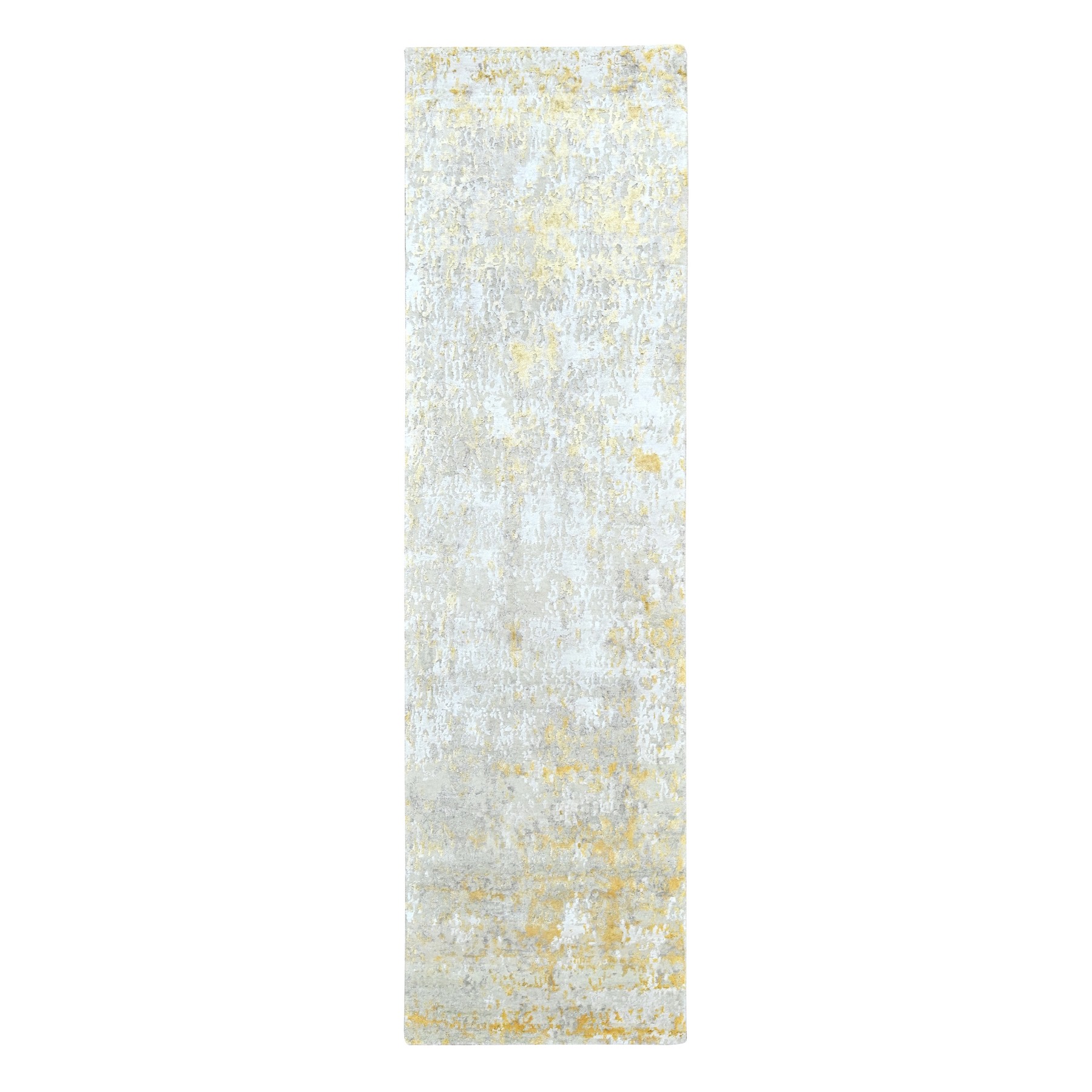 Beige with Gold, Abstract Design, Wool and Silk, Hi-Low Pile, Densely Woven, Hand Knotted, Runner, Oriental Rug
